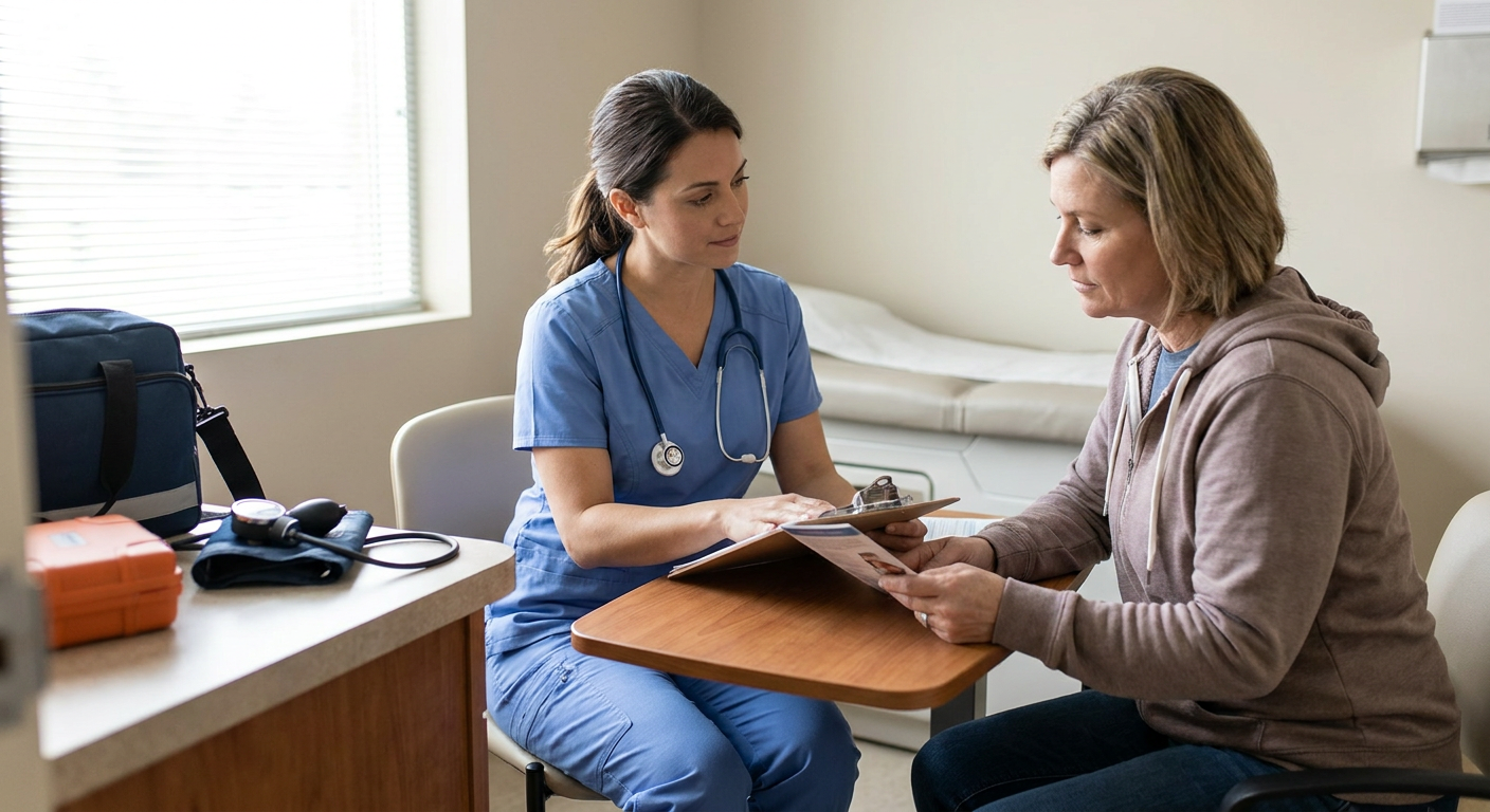 A registered nurse speaking privately and respectfully with an adult patient in a clinical examination room while reviewing a treatment and overdose-safety plan.