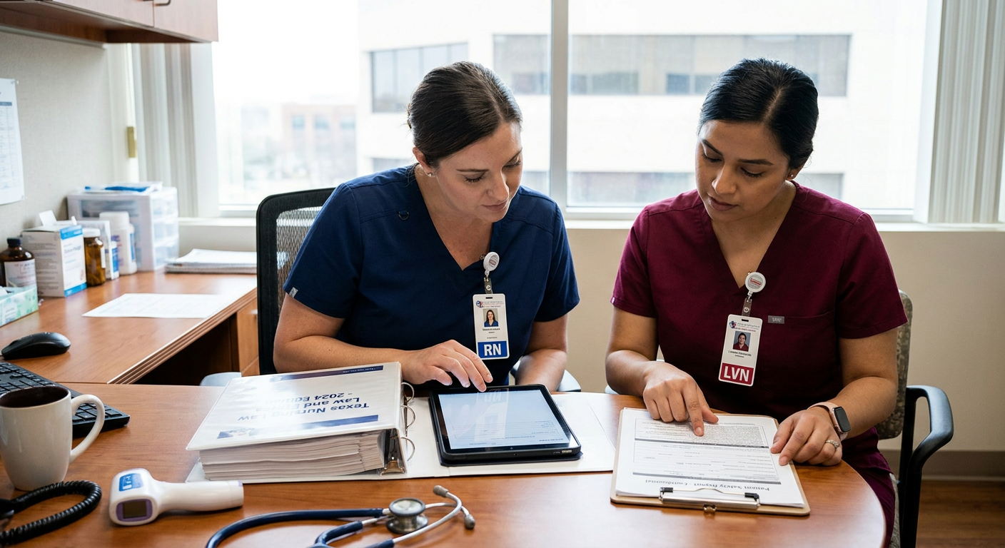 A registered nurse and licensed vocational nurse reviewing Texas nursing regulations and a patient-safety report together at a clinical workstation.