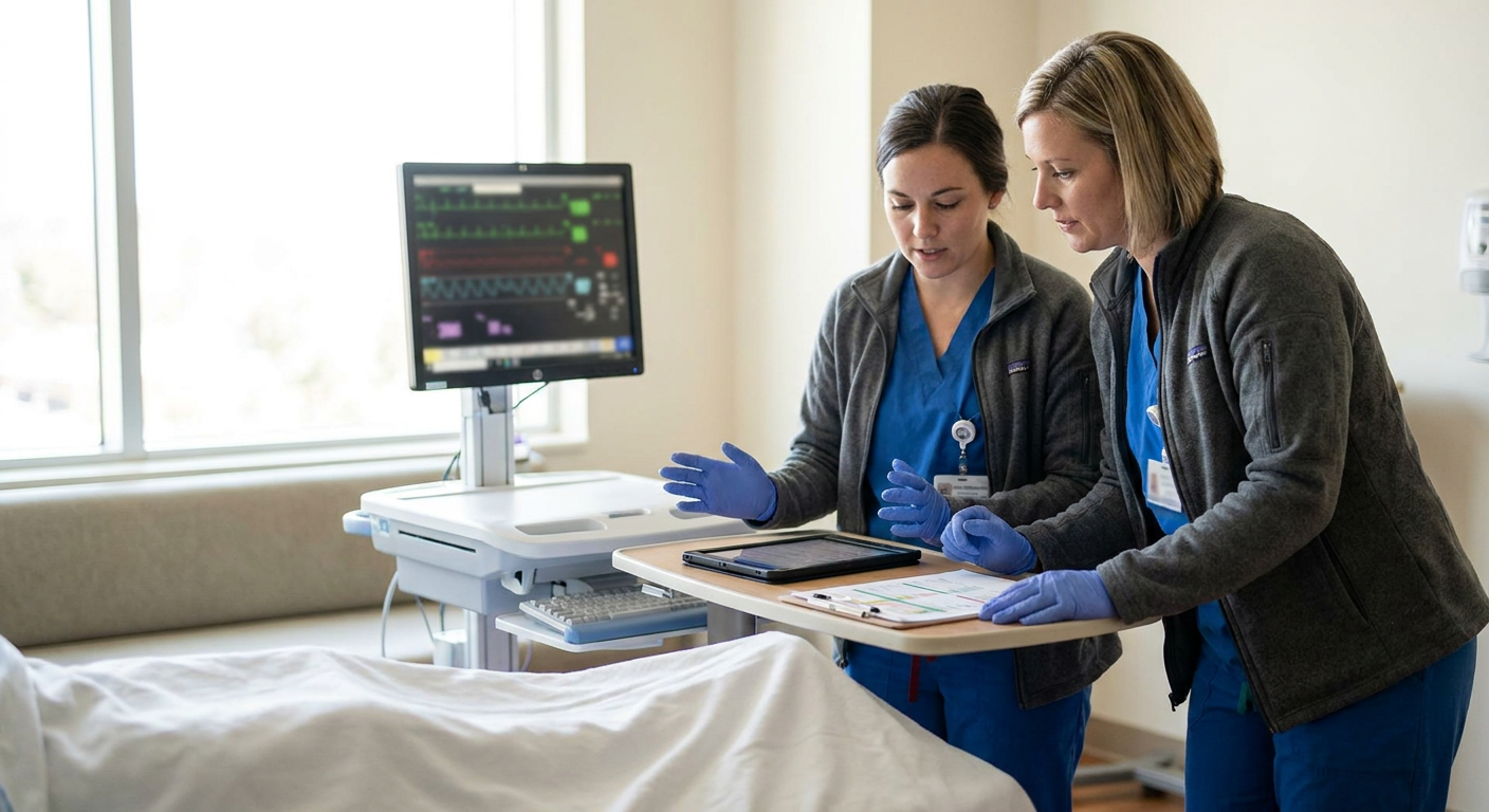 Critical care nurse and organ procurement coordinator reviewing a potential donor’s clinical information beside an intensive care monitor while maintaining patient privacy.