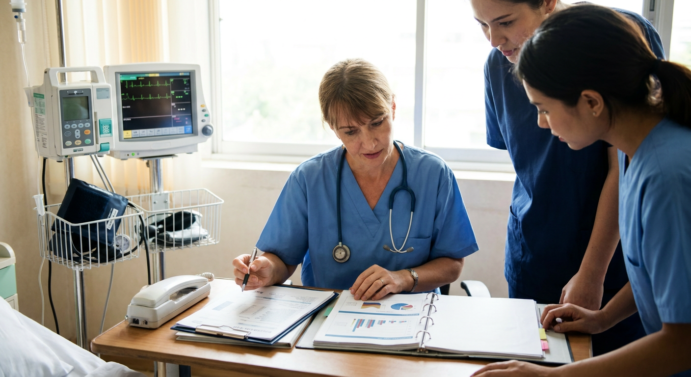 Registered nurse reviewing a medication administration record, renal and hepatic laboratory trends, infusion history, and bedside vital signs before administering medication.