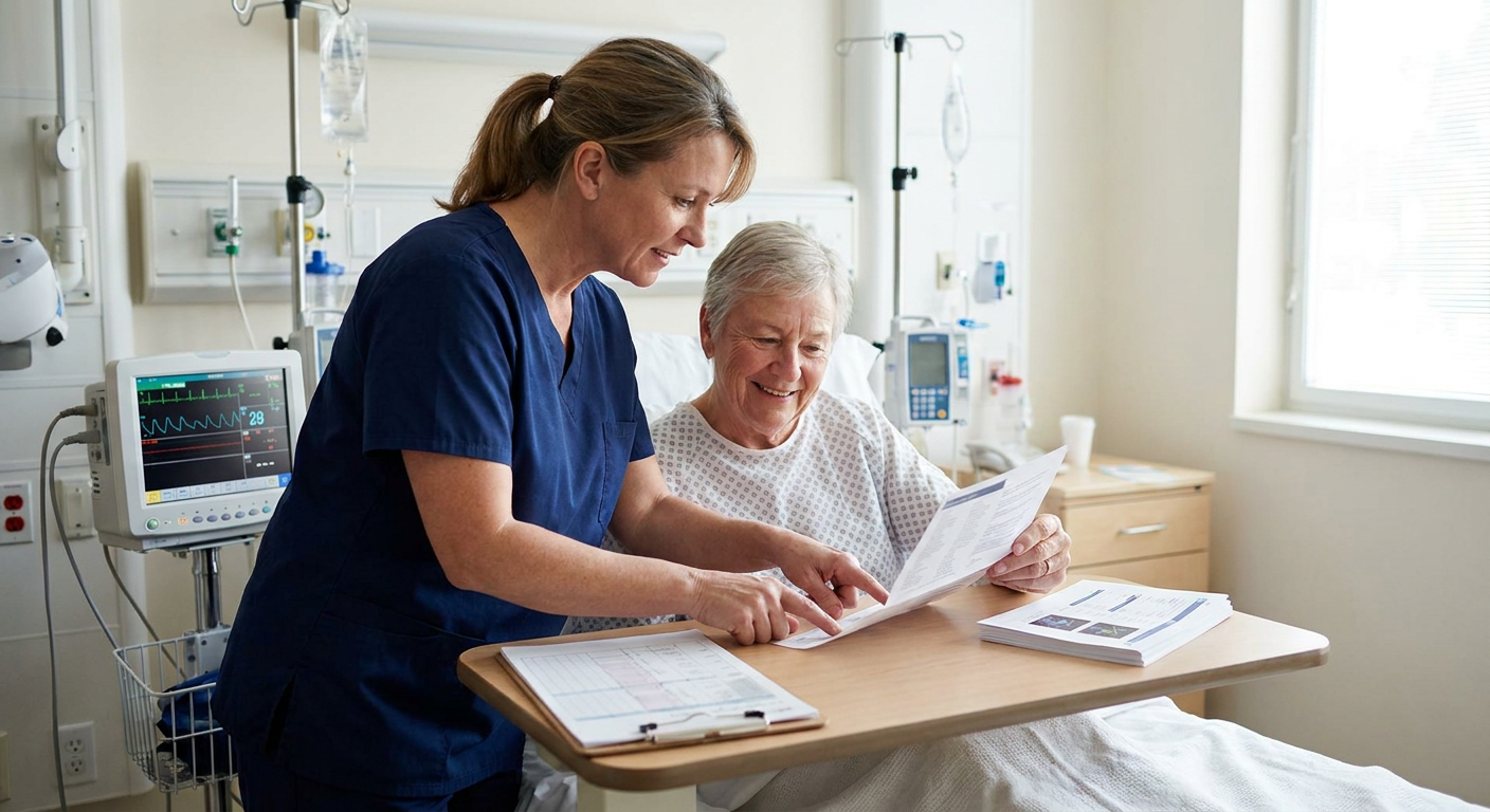 A registered nurse and an adult patient reviewing an anticoagulant and antiplatelet medication list beside a hospital monitor, with laboratory results and safety instructions visible.