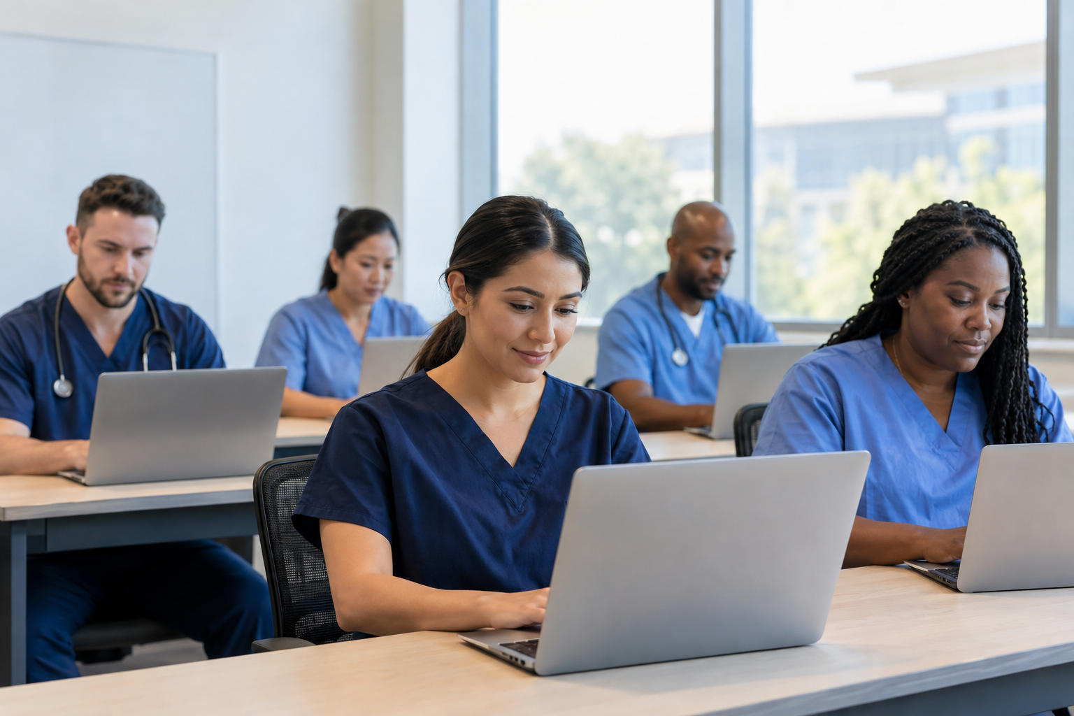 Diverse California nurses completing online continuing education on laptops