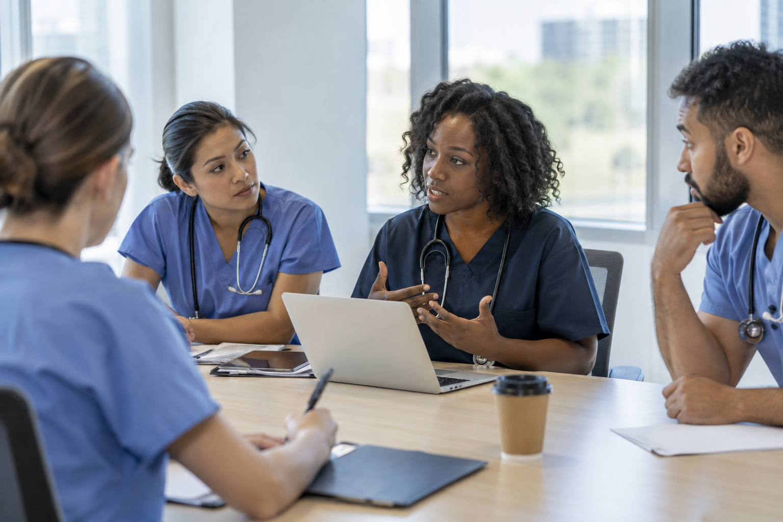 Diverse nurses discussing an ethical patient-care situation in a hospital meeting room