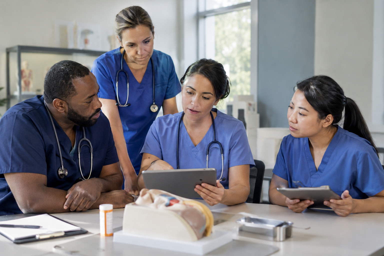 Diverse New Jersey nurses reviewing opioid safety education on tablets