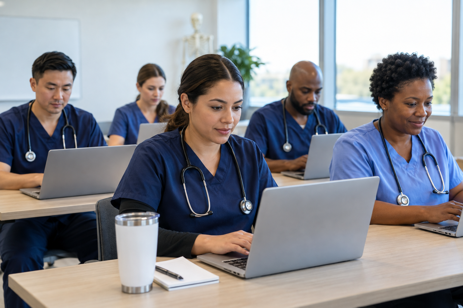 Diverse Michigan nurses completing online training on laptops