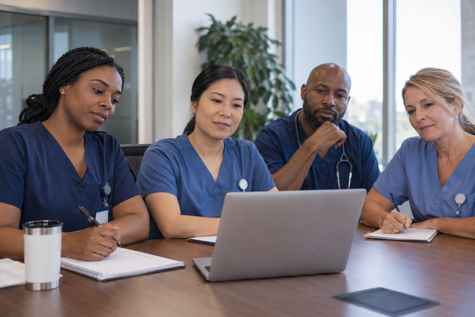 Diverse Maryland nurses participating in an online professional training session