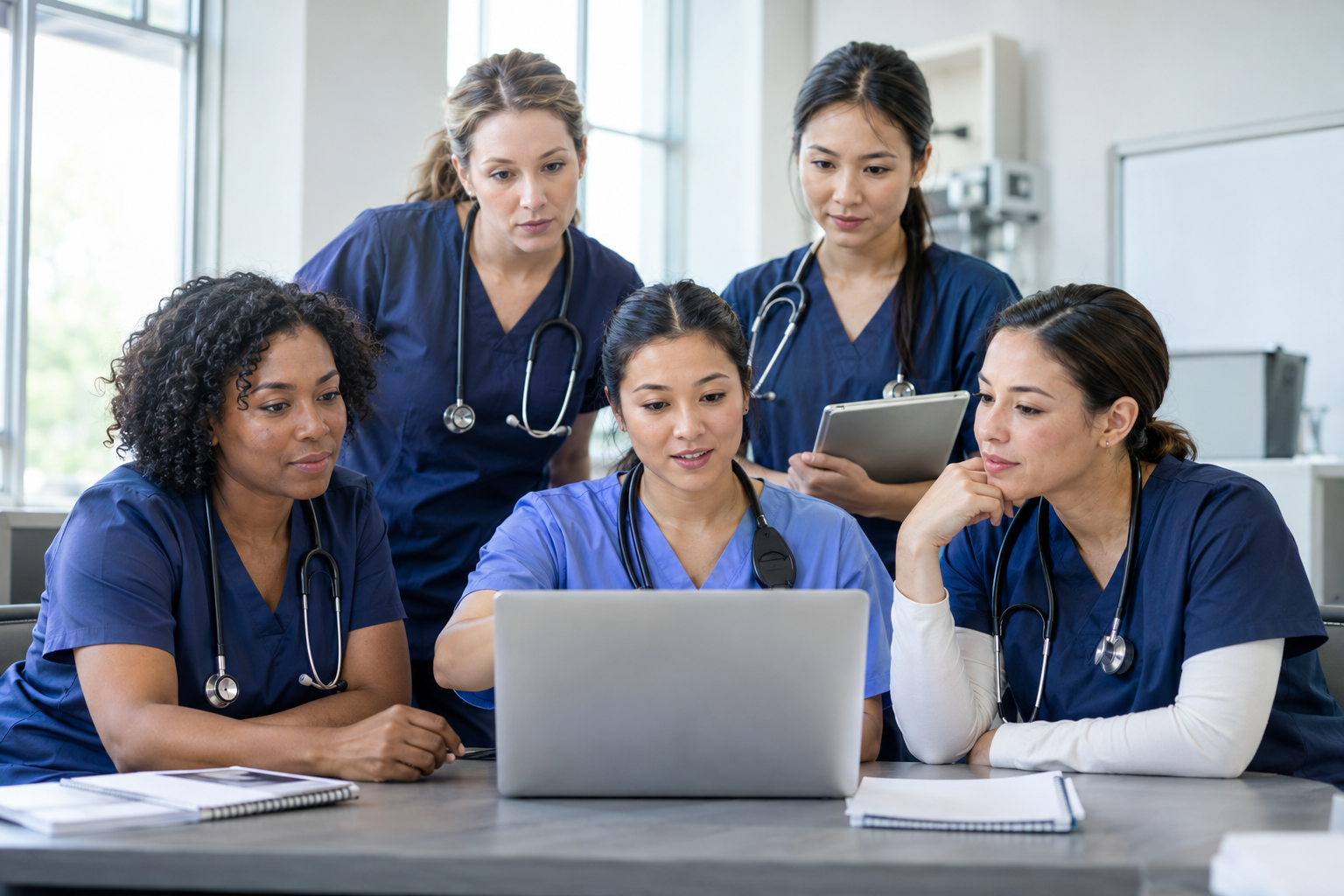 Diverse nurses reviewing patient-safety procedures on a laptop in a clinical meeting room.
