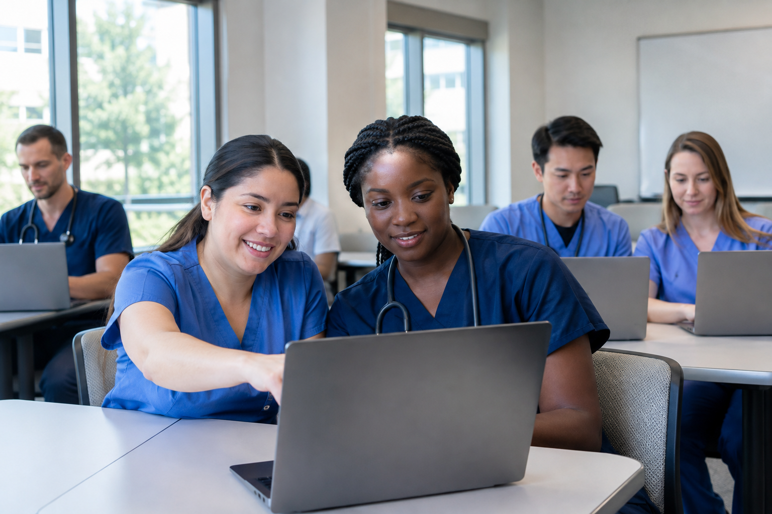 Diverse Illinois nurses completing online workplace training in a hospital education room