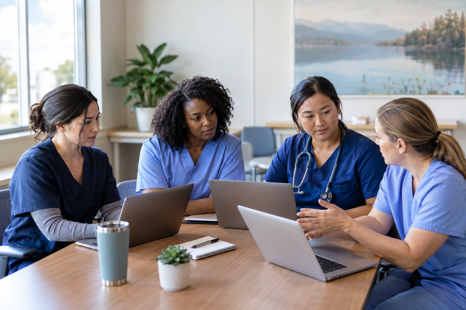 Diverse nurses completing online violence-response training in a professional education room