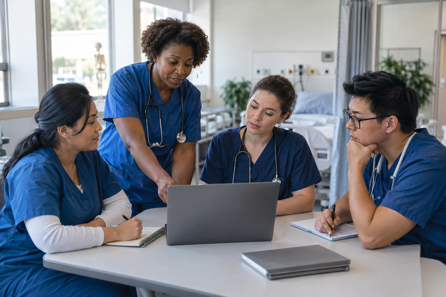 Diverse nurses discussing substance-use patient care during an online education session.