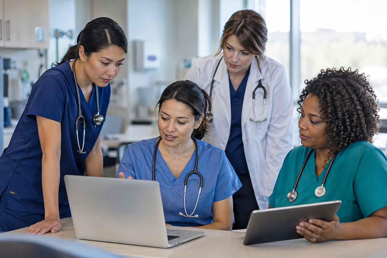 Diverse nurse practitioners reviewing pharmacology education online
