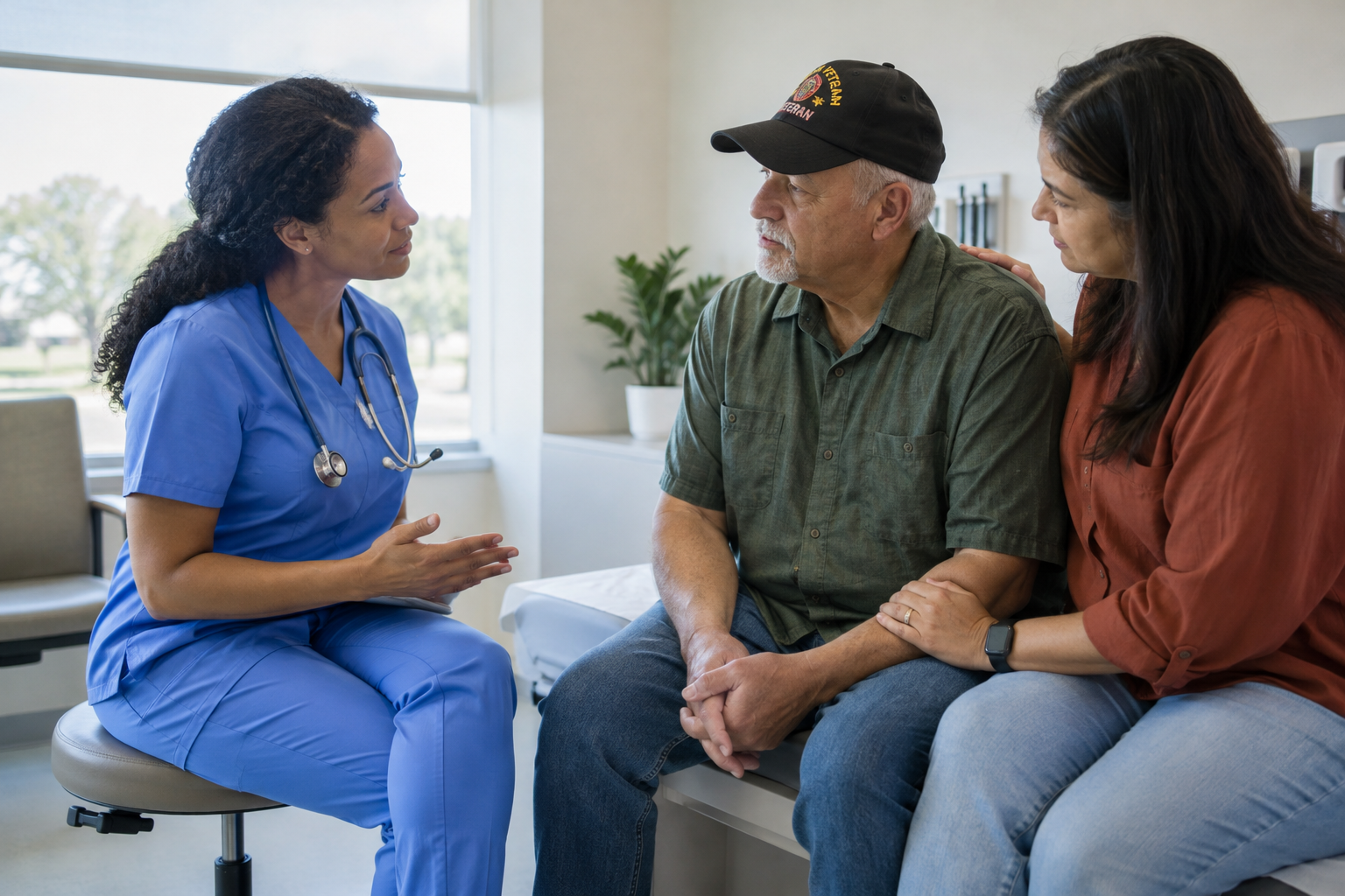 Nurse speaking supportively with a veteran and family member in a clinic