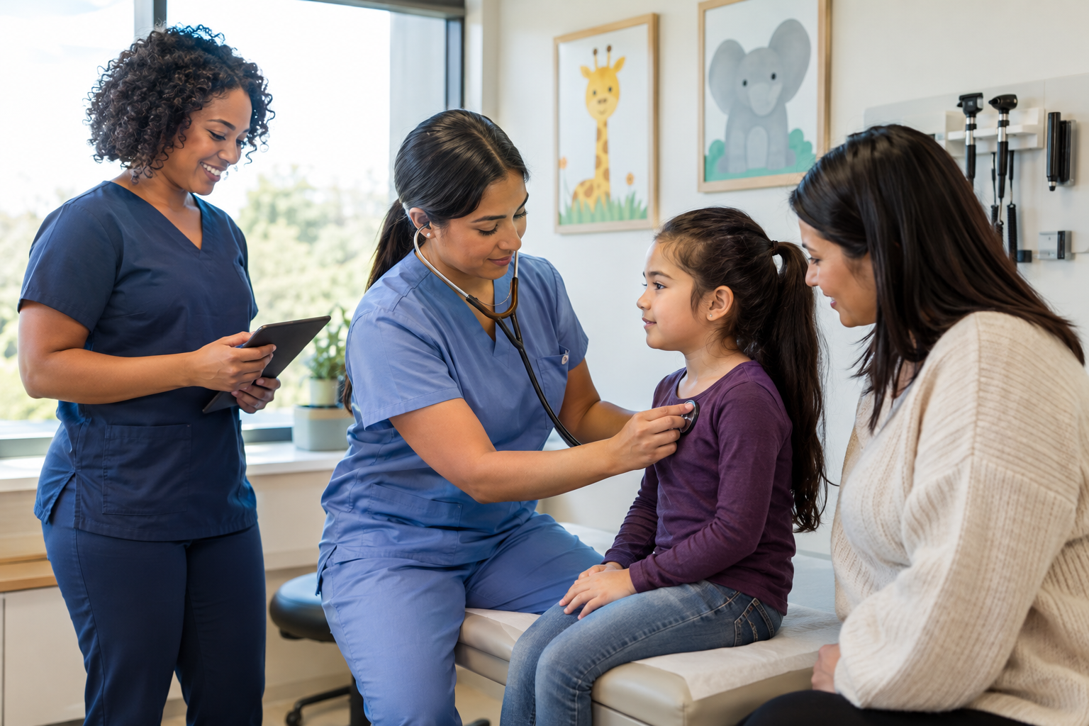 Pediatric nurse assessing a child's breathing in a clinic with a parent present