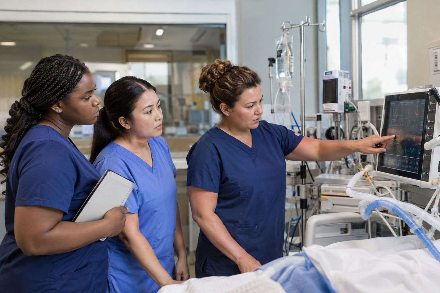 Diverse ICU nurses reviewing bedside monitoring and ventilation equipment
