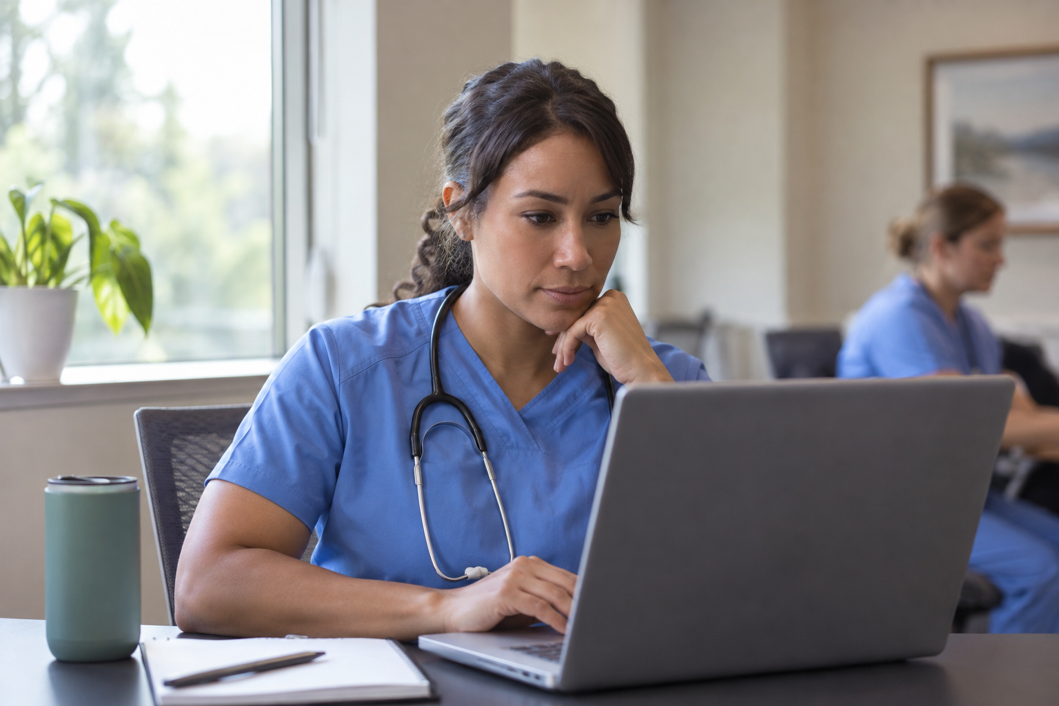 Washington nurse completing online suicide prevention training in a quiet clinical workspace