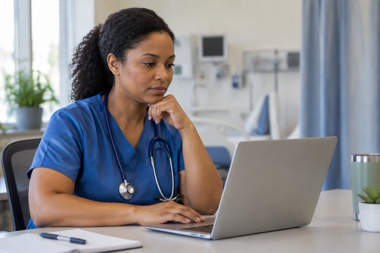 Nurse completing online suicide prevention education in a quiet clinical workspace