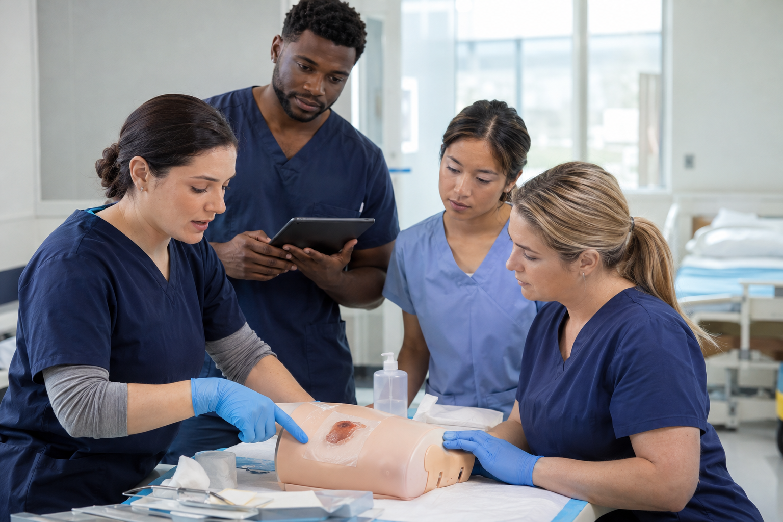 Diverse nurses practicing wound assessment with a clinical simulation model