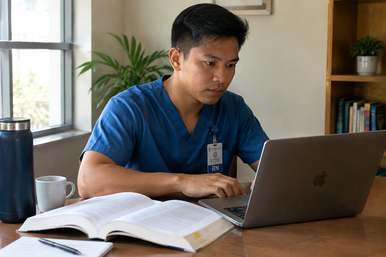 A Filipino male nurse in scrubs studying course material on a laptop