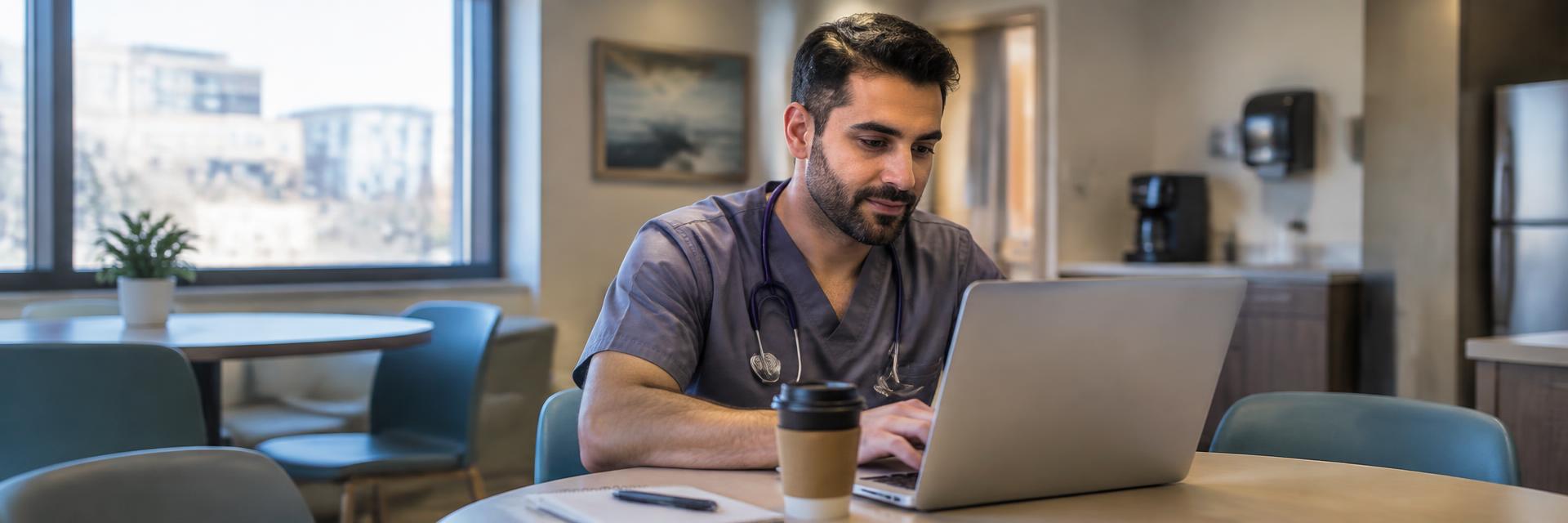 A Middle Eastern male nurse in grey scrubs studying on a laptop in a hospital break room
